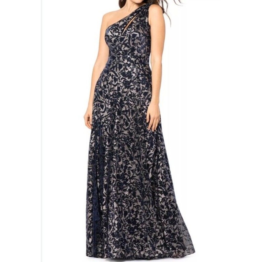 Betsy & Adam Women's One Shoulder Foil Print Chiffon Gown Dress Sz: 8
